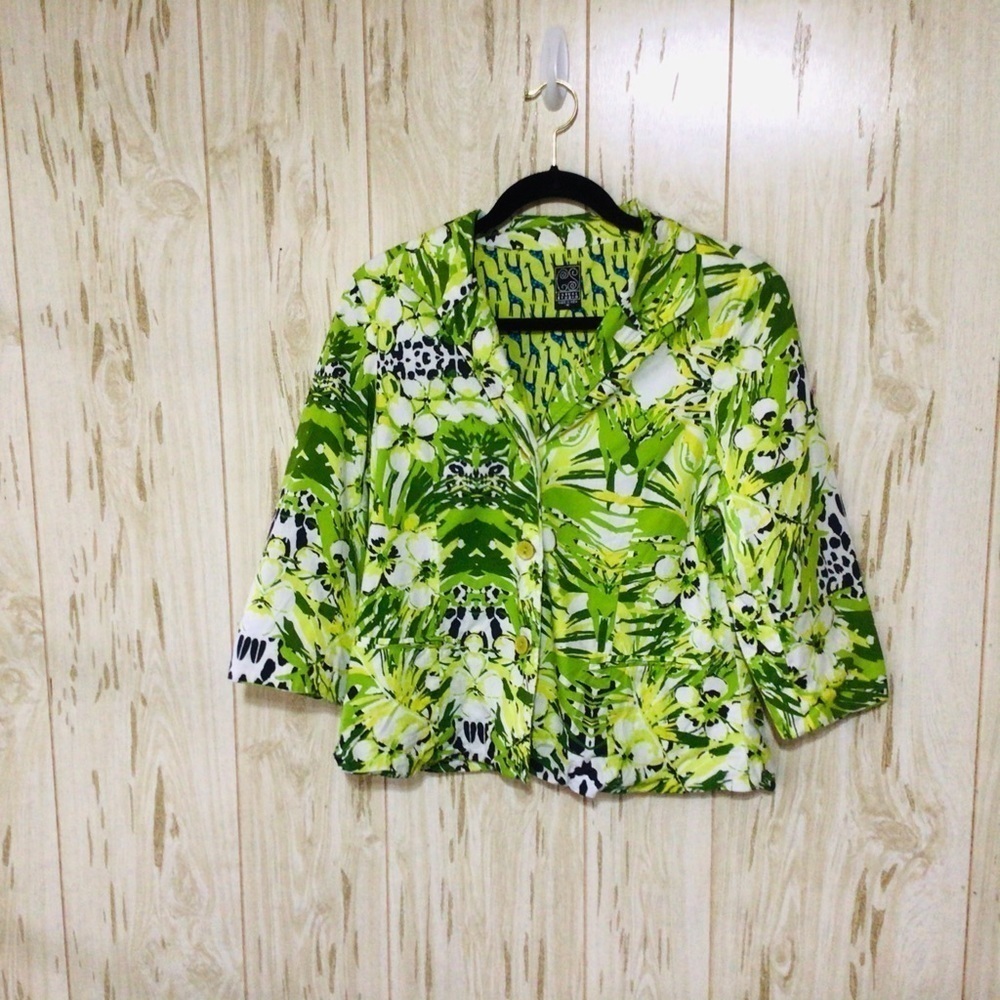 Green Floral Jungle Safari Blazer Jacket M Casual Studio Artsy Whimsical